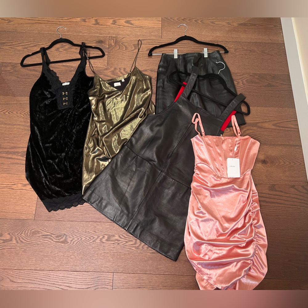 Women’s dresses and leather skirt.